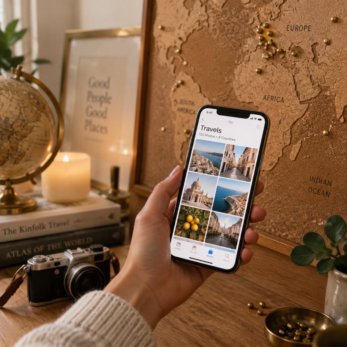 A phone held beside a cork travel map showing photos from a trip