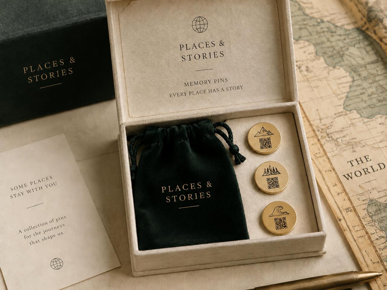 Brass Memory Pins beside a travel map